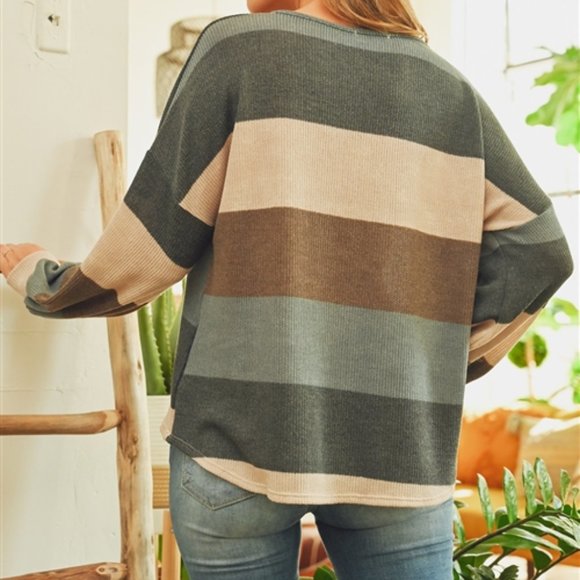RIBBED STRIPES V-NECK PUFF SLEEVES TOP - Picture 3 of 8
